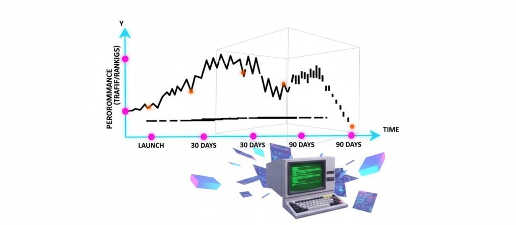 Line graph showing typical AI website performance: slight initial visibility at launch, plateau through 30 days, then gradual decline through 90 days. Illustrates post-launch failure pattern.