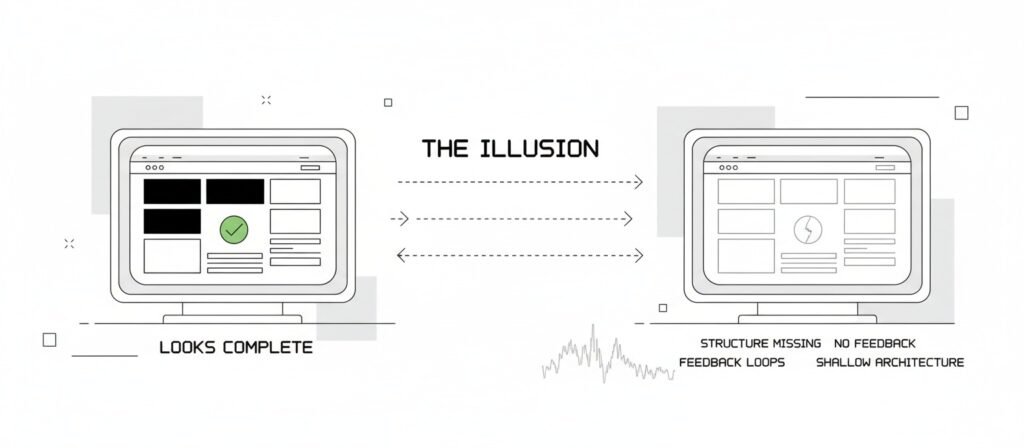 Diagram showing the "Finished Illusion": left side shows a polished website that looks complete, right side reveals missing structural elements like feedback loops and shallow architecture. Illustrates why AI sites that look finished often fail.
