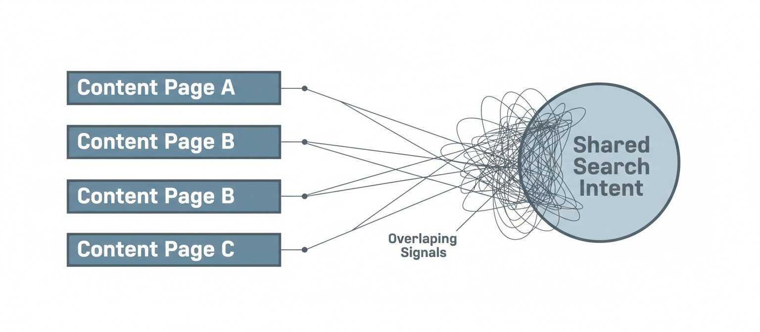 Illustration showing multiple content pages competing for the same search intent, causing overlapping signals and authority dilution.