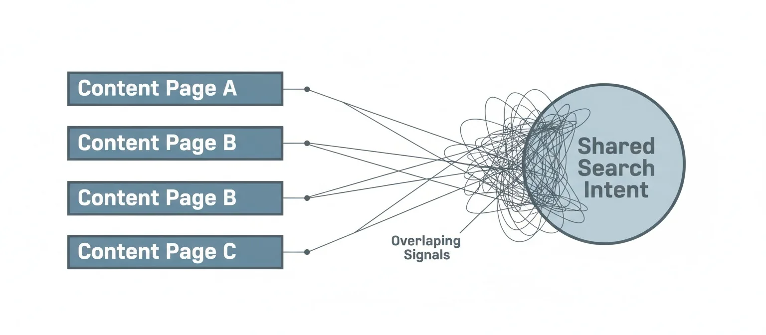 Illustration showing multiple content pages competing for the same search intent, causing overlapping signals and authority dilution.