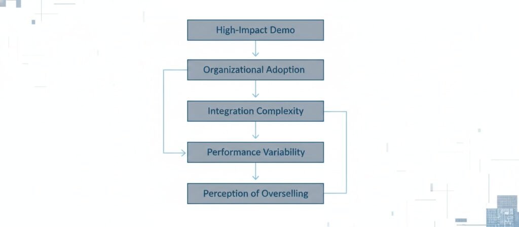Flowchart showing how AI demo success can evolve into perceived overselling after integration and ROI delay.