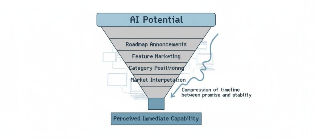Funnel diagram showing how AI potential narrows into perceived immediate capability through marketing and positioning.