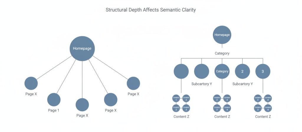 Visual comparison between flat website structure and hierarchical silo architecture for SEO scalability. 