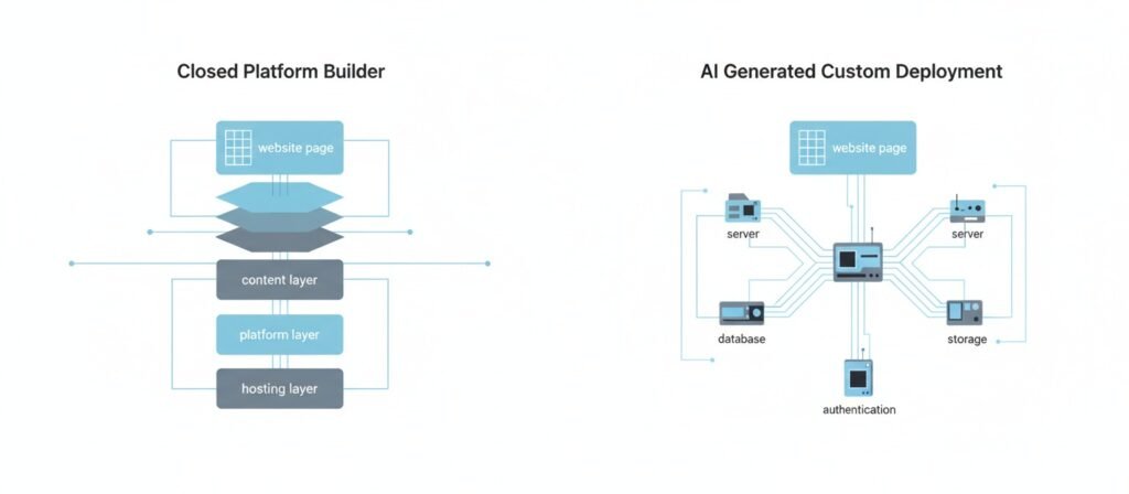 Flat vector diagram comparing closed AI website builder platforms with custom AI generated deployments and backend complexity.