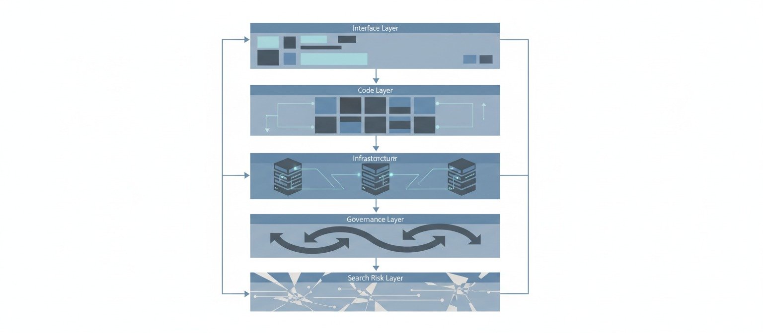 Layered diagram showing interface, code, infrastructure, governance, and search risk layers in AI website builders.