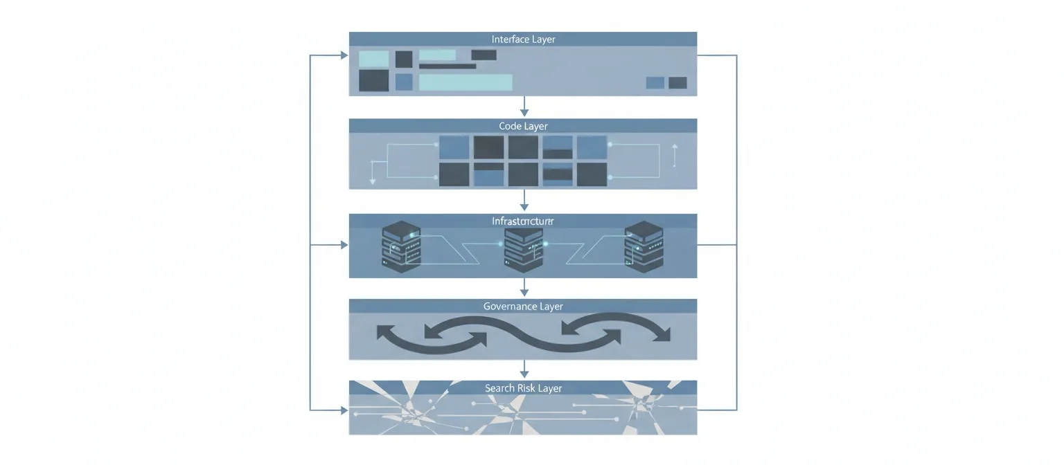 Layered diagram showing interface, code, infrastructure, governance, and search risk layers in AI website builders.