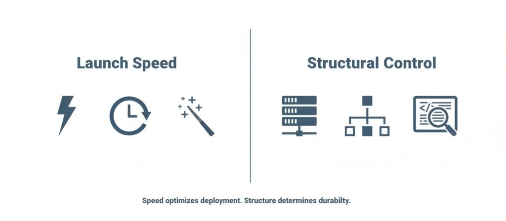 Comparison diagram showing launch speed versus structural control in AI website builders. 
