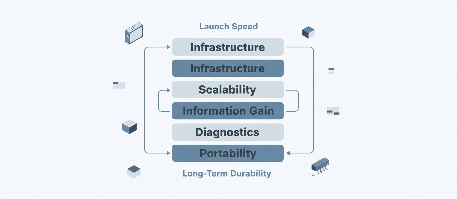 System-level evaluation framework for AI website builders showing infrastructure, scalability, information gain, diagnostics, and portability layers.