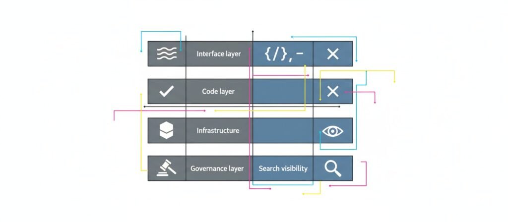 Stacked infographic showing five risk layers in AI website builders from interface to governance and search visibility. 