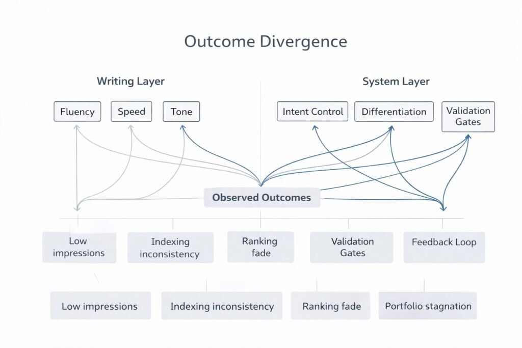 Outcome divergence map showing how missing orchestration, weak differentiation, and absent feedback loops lead to indexing volatility and visibility decay