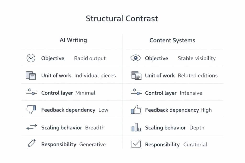 Structural contrast model comparing AI Writing and Content Systems across unit of work, feedback dependency, scaling behavior, and responsibility
