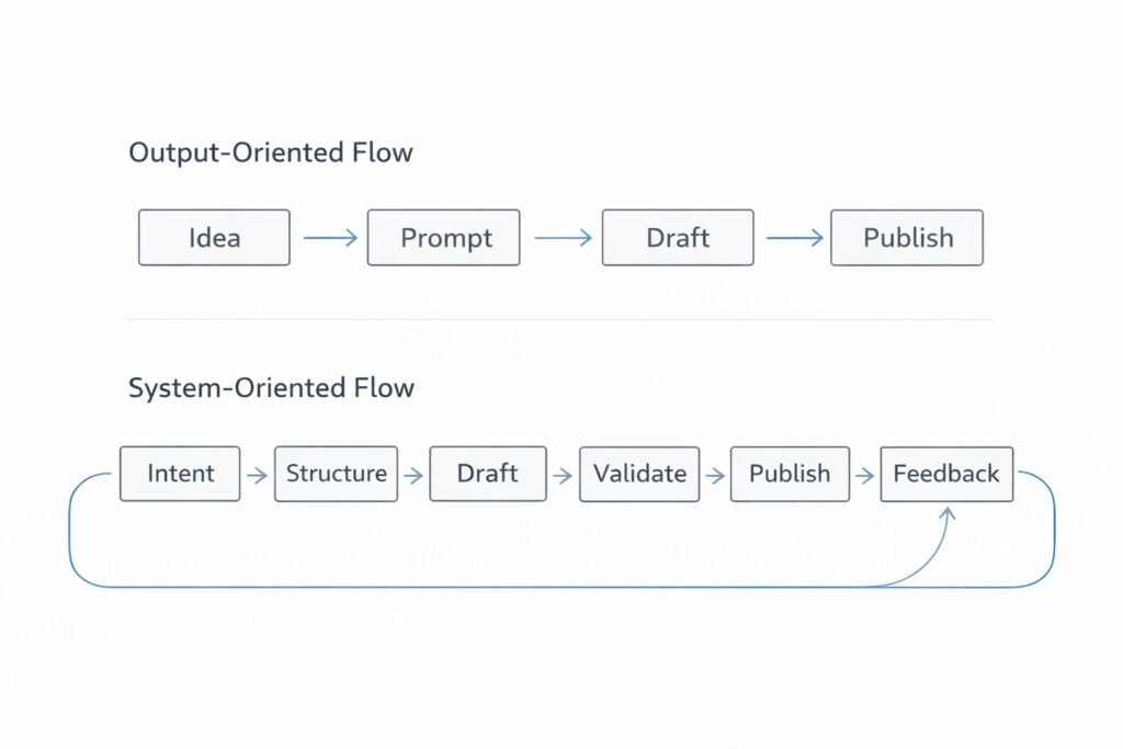 Workflow contrast diagram showing output-oriented publishing flow versus system-oriented content loop with validation and feedback