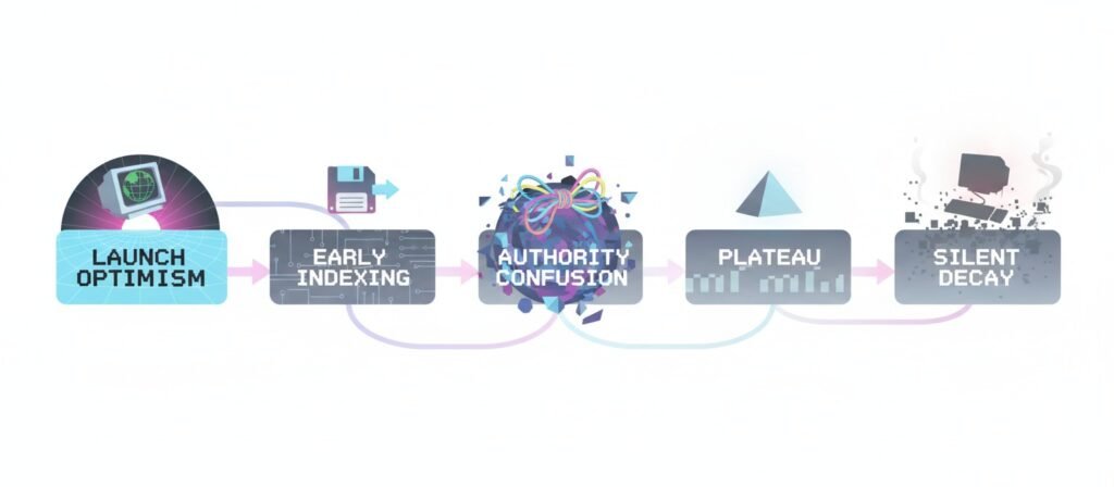 Lifecycle of topical authority decay in autoblogged websites