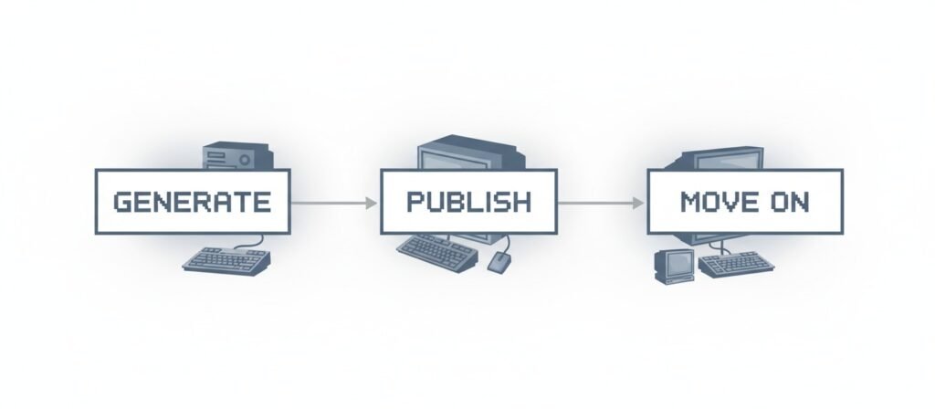 Diagram showing an automated content system that publishes repeatedly without a reinforcement or feedback loop, preventing compounding.