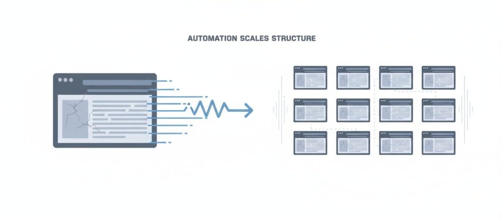 Flat vector illustration showing automation replicating weak website structure across multiple pages.