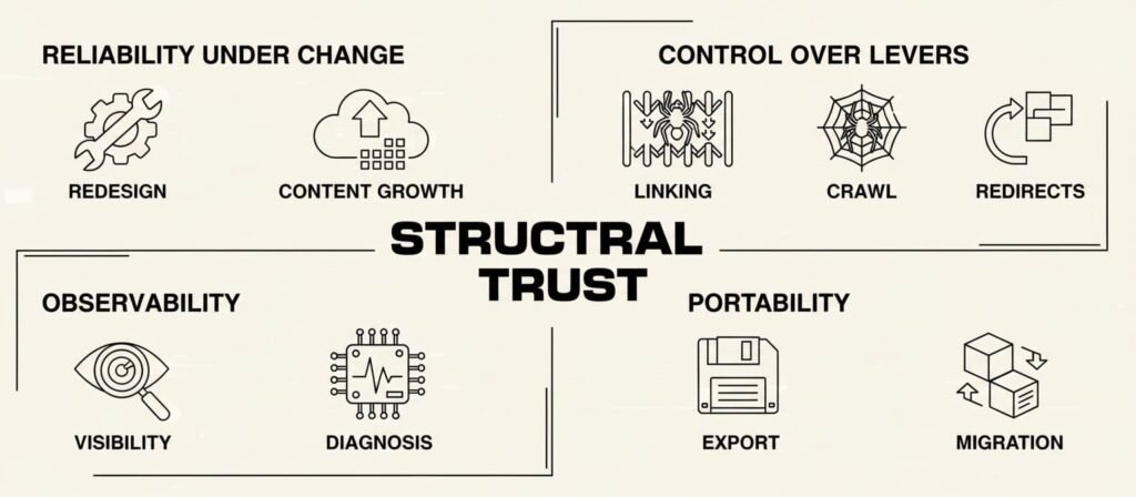 Four-quadrant diagram showing the structural properties of trust: Reliability Under Change, Control Over Critical Levers, Observability, and Portability. These four properties together define structural trust in AI website builders.