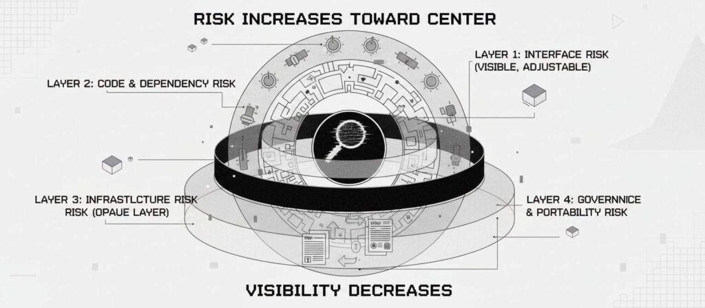 Concentric circle diagram showing five layers of risk: Interface (outer, visible), Code & Dependency, Infrastructure (opaque), Governance & Portability, and Search & Visibility (inner, least visible). Risk increases toward center as visibility decreases.
