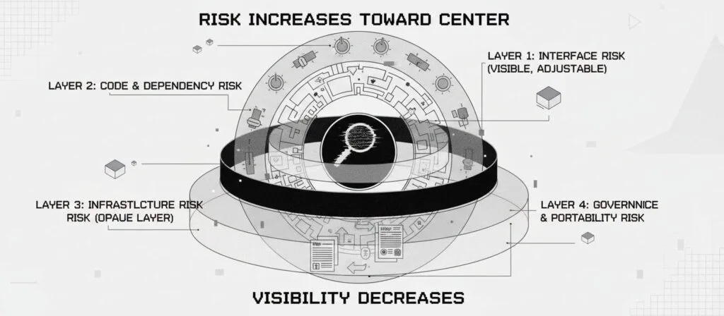 Concentric circle diagram showing five layers of risk: Interface (outer, visible), Code & Dependency, Infrastructure (opaque), Governance & Portability, and Search & Visibility (inner, least visible). Risk increases toward center as visibility decreases.