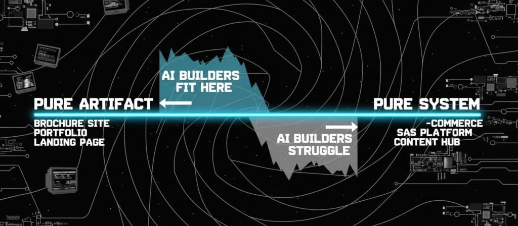 Timeline showing how AI builder limitations accumulate: Month 1 everything works, Month 3 missing feature, Month 6 traffic plateaus with no diagnosis, Month 9 lock-in discovered, Month 12 stuck. Problems appear gradually, not at launch.