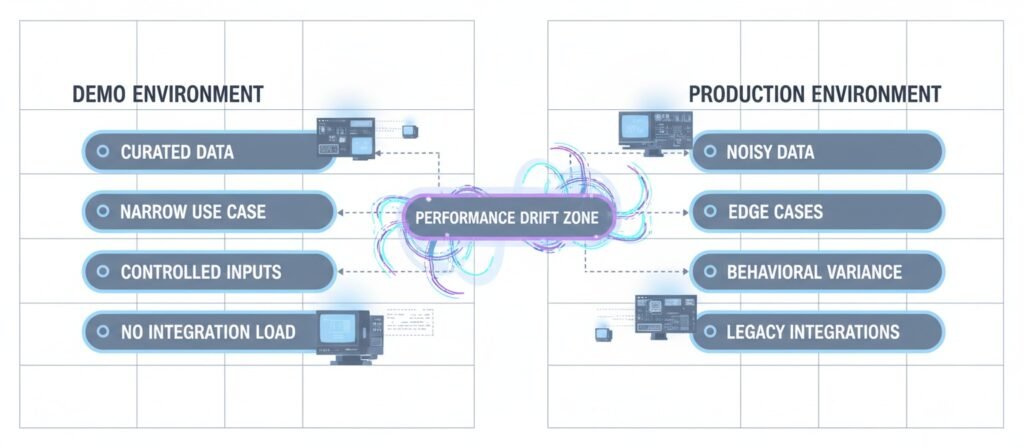 Comparison diagram showing structural differences between AI demo environments and production environments.