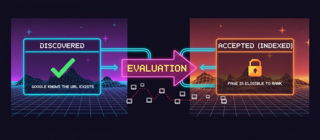 Comparison diagram showing the difference between "Discovered" (Google knows URL exists) and "Accepted/Indexed" (page eligible to rank). The evaluation gap between them is where many AI sites remain stuck.
