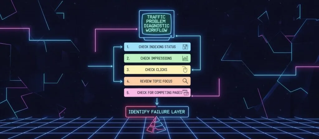 Diagnostic workflow checklist with 5 steps to diagnose traffic problems: check indexing status, check impressions, check clicks, review topic focus, check for competing pages. Helps identify which failure layer is active.
