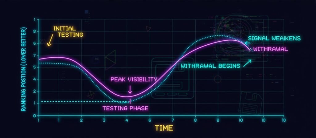 Line graph showing ranking withdrawal pattern: site improves to peak visibility during testing, then gradually declines as signals weaken and the system withdraws exposure. Illustrates why AI sites stop ranking after initial success.
