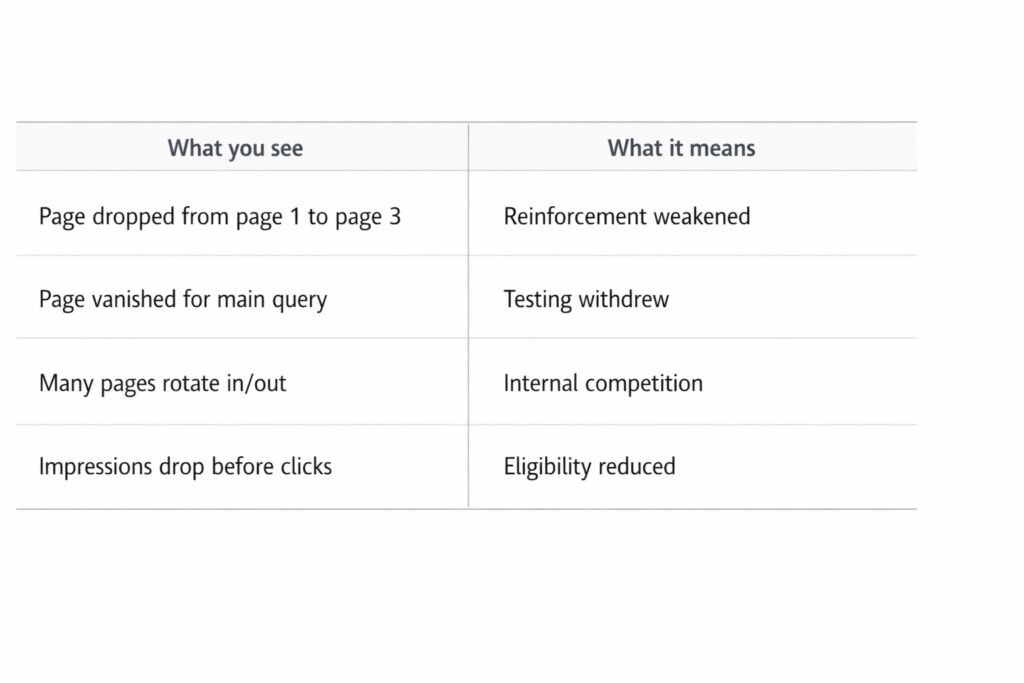 Table mapping four visible ranking symptoms to their system interpretations: page drops (reinforcement weakened), page vanished (testing withdrew), pages rotating (internal competition), impressions drop first (eligibility reduced).
