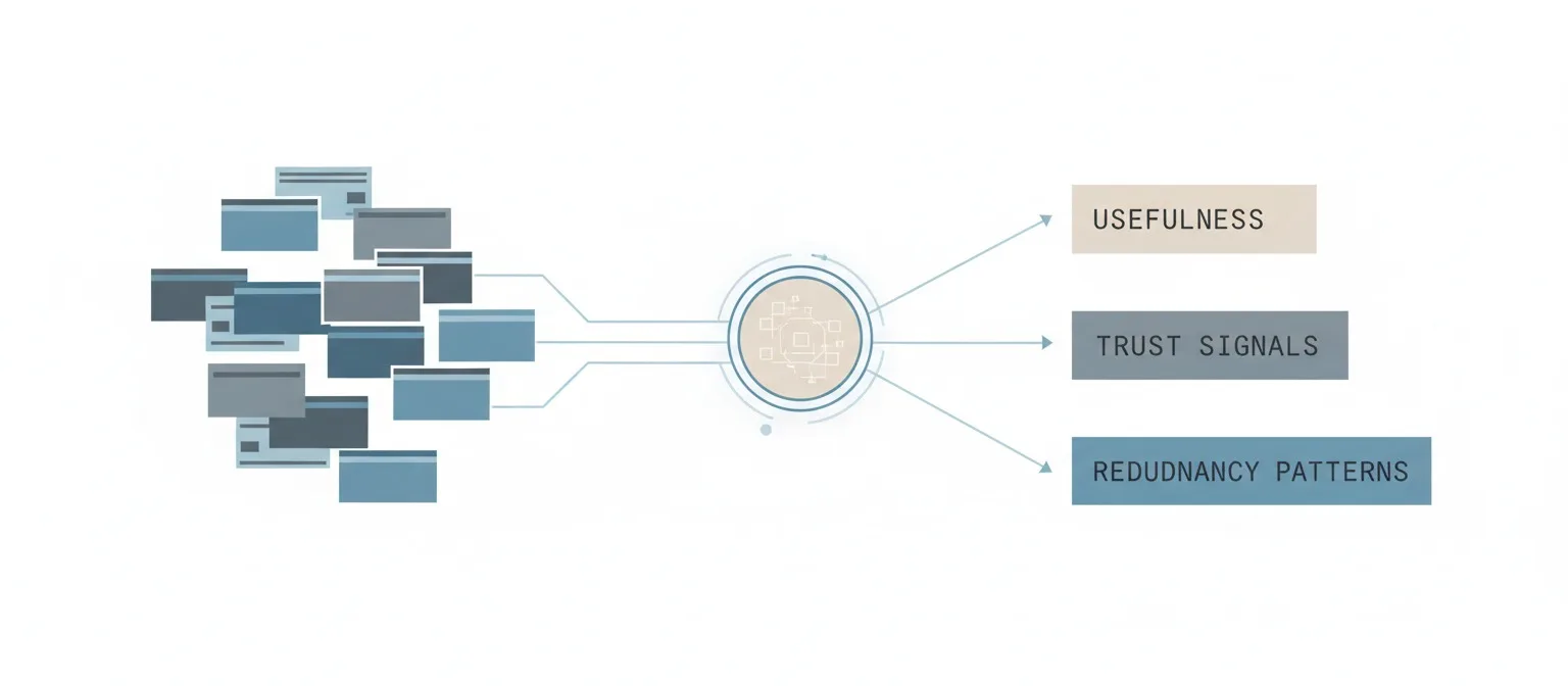 System-level diagram showing multiple content pages feeding into a central evaluation node that analyzes usefulness, trust signals, and redundancy patterns.