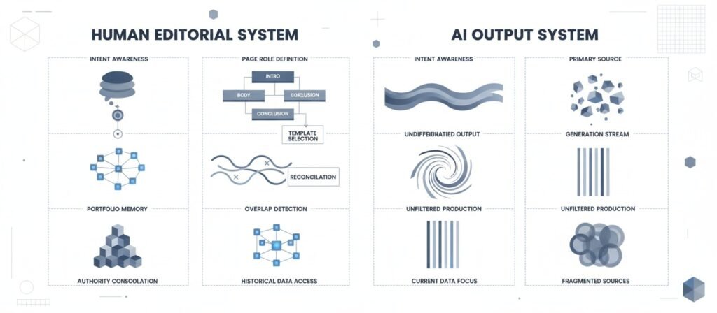 Comparison showing differences between human editorial systems and AI content output systems in handling intent and overlap.