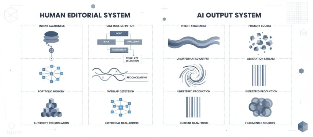 Comparison showing differences between human editorial systems and AI content output systems in handling intent and overlap.