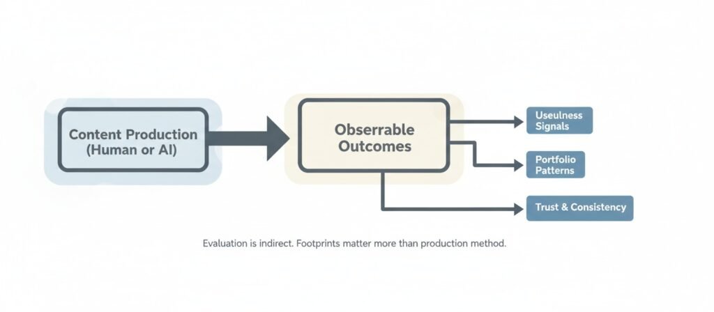 System diagram showing indirect evaluation of content based on observable outcomes rather than production method.