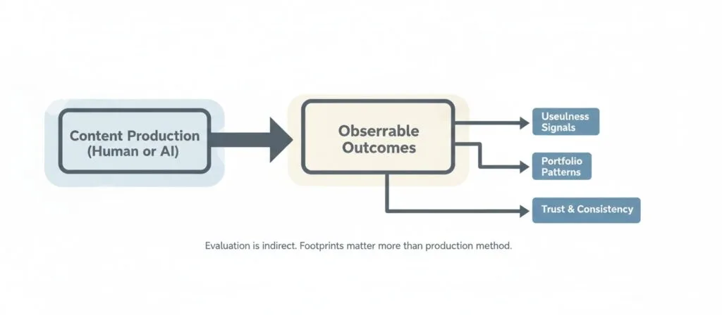 System diagram showing indirect evaluation of content based on observable outcomes rather than production method.