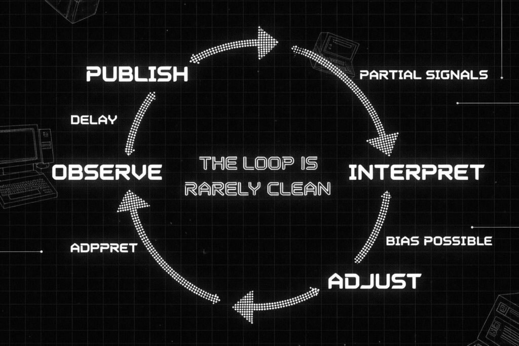 Circular feedback loop diagram with stages Publish, Observe, Interpret, Adjust. Each arrow has constraint labels: Delay, Partial signals, Bias possible, Lag. Center text reads "The loop is rarely clean," illustrating why feedback loops often fail.