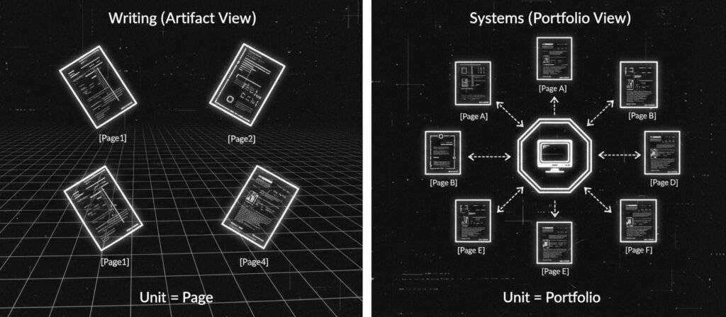 Side-by-side comparison: Left shows "Writing (Artifact View)" with isolated individual pages. Right shows "Systems (Portfolio View)" with pages connected to a central hub and linking to each other. Illustrates the difference between treating content as artifacts vs. a portfolio.