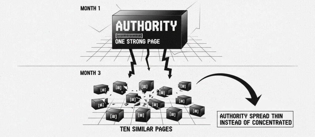 Diagram showing authority fragmentation over time: Month 1 shows one strong consolidated block of authority. Month 3 shows the same authority shattered into ten small fragments, illustrating how autoblogging spreads authority thin across competing pages.