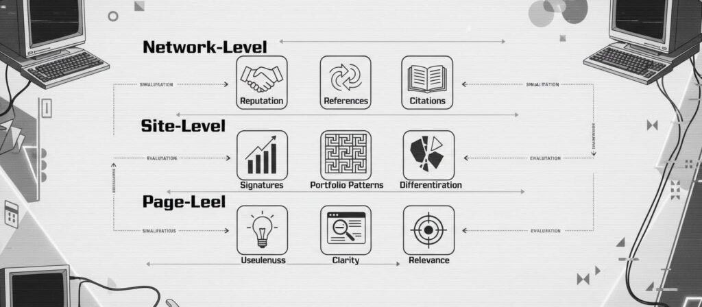 Layered diagram showing three evaluation surfaces Google uses: Page-Level (usefulness, clarity, relevance), Site-Level (scaling signatures, portfolio patterns, differentiation), and Network-Level (reputation, references, citations). Evaluation happens at all levels simultaneously.