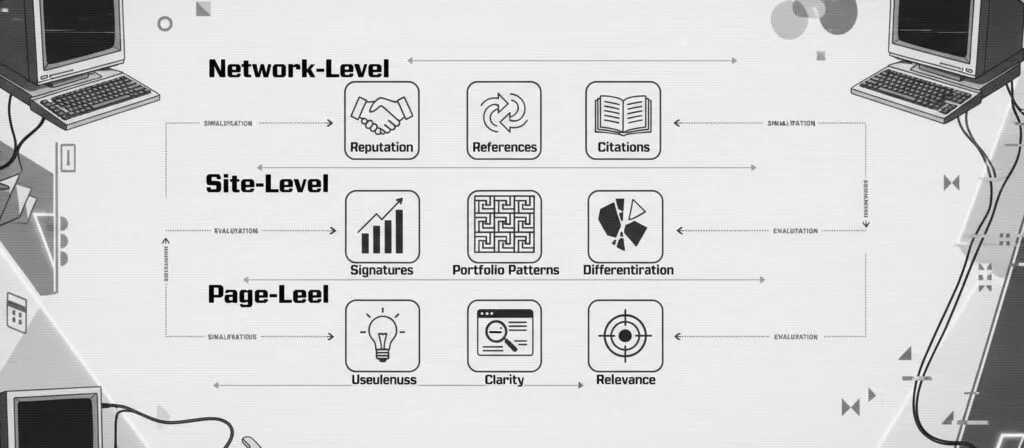 Layered diagram showing three evaluation surfaces Google uses: Page-Level (usefulness, clarity, relevance), Site-Level (scaling signatures, portfolio patterns, differentiation), and Network-Level (reputation, references, citations). Evaluation happens at all levels simultaneously.