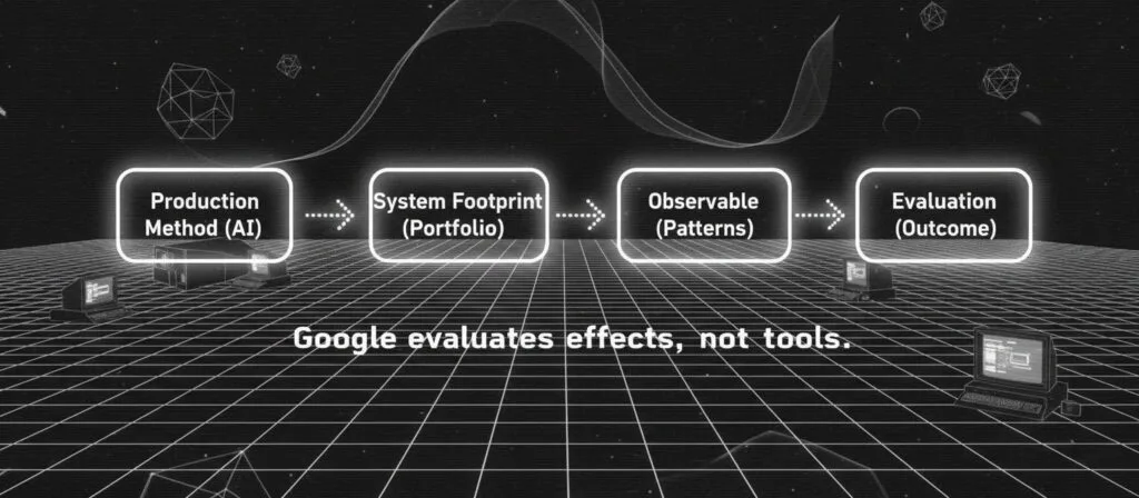 Flow diagram showing indirect evaluation chain: Production Method (AI) → System Footprint (Portfolio) → Observable Signals (Patterns) → Evaluation (Outcome). Text below reads "Google evaluates effects, not tools."