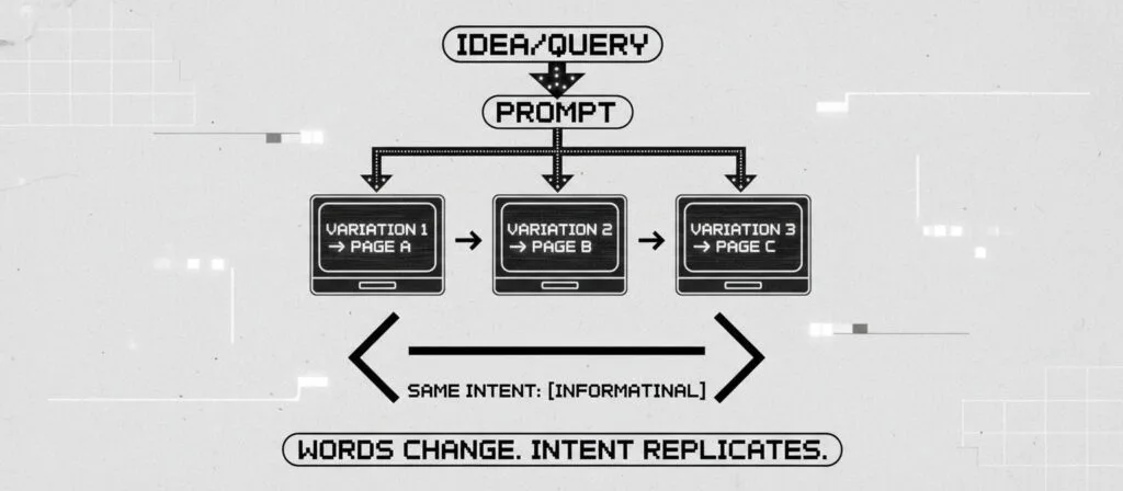 Flow diagram showing intent replication: one idea generates multiple prompt variations, each producing a different page. All pages serve the same intent, causing cannibalization. Words change but intent replicates.