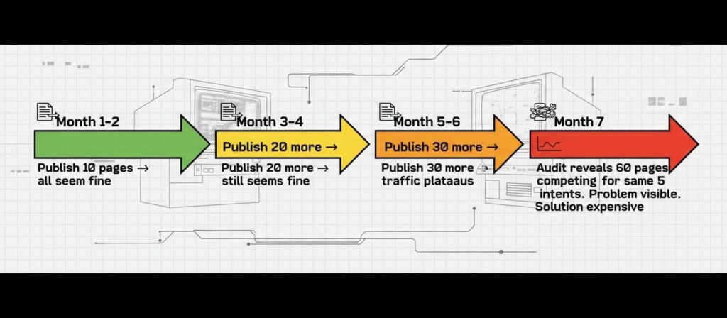 Timeline showing late detection of cannibalization: Months 1-2 seem fine, Months 3-4 seem fine, Months 5-6 traffic plateaus, Month 7 audit reveals 60 pages competing for same 5 intents. Problem is only visible after damage accumulates.