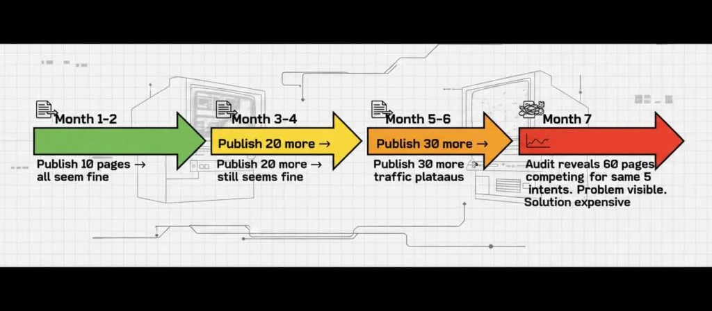 Timeline showing late detection of cannibalization: Months 1-2 seem fine, Months 3-4 seem fine, Months 5-6 traffic plateaus, Month 7 audit reveals 60 pages competing for same 5 intents. Problem is only visible after damage accumulates.