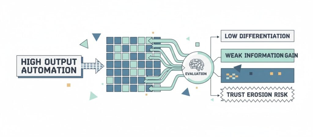 Flat vector diagram showing how high-output automation can create redundant content clusters leading to low differentiation and trust erosion risk.
