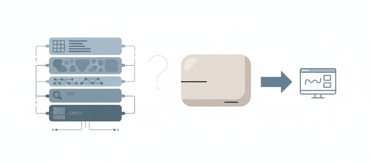 Minimal flat illustration comparing transparent website system layers with a closed AI website builder box, representing structural trust and control.