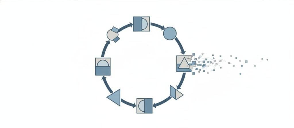 Circular lifecycle diagram with a weakening segment illustrating reduction of search exposure during system evaluation.