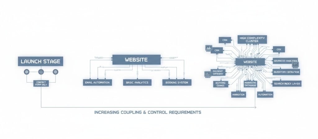 Diagram showing website complexity increasing from simple launch stage to fully integrated revenue system