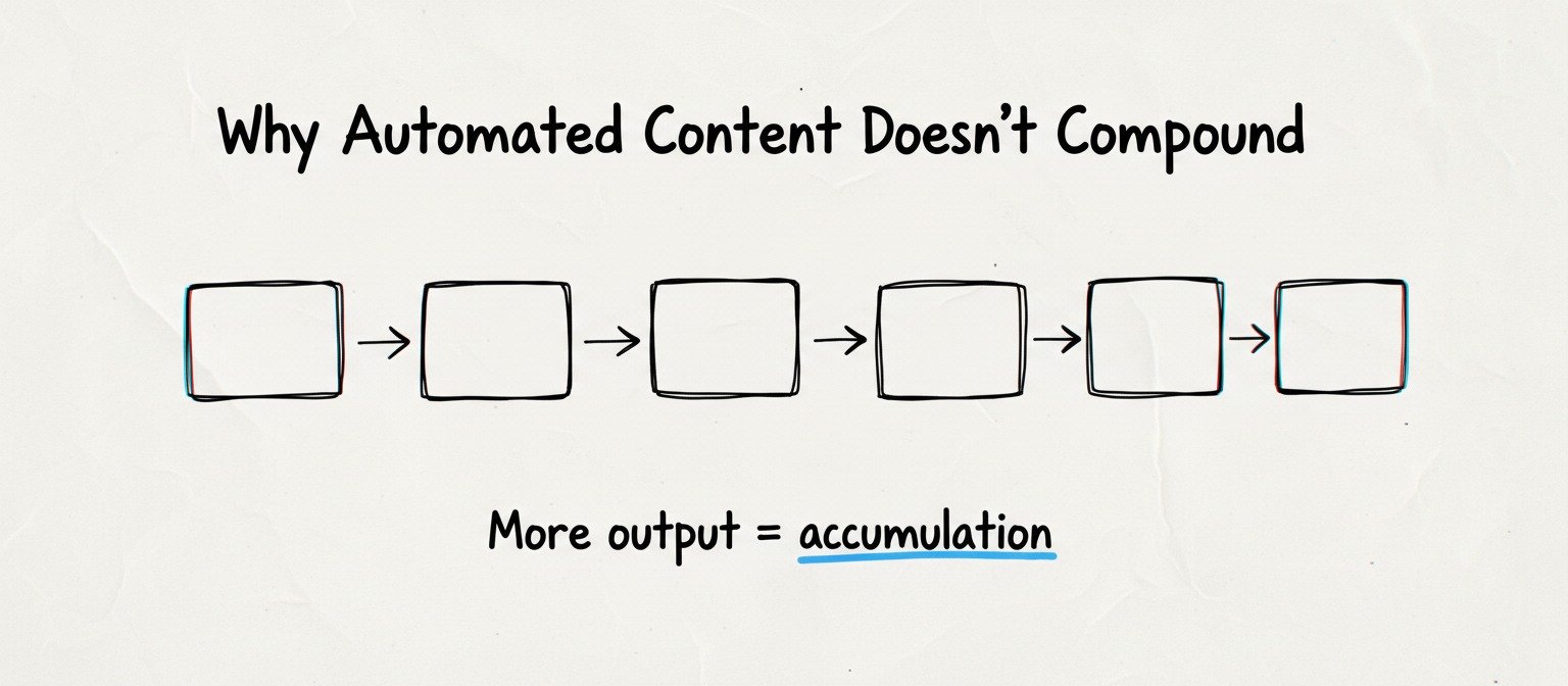 Whiteboard-style illustration showing why automated content does not compound, with linear content outputs drawn by hand and no reinforcement or accumulation.