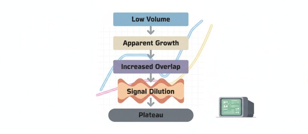 Flowchart explaining how increasing automated content volume leads to overlap and signal dilution instead of compounding growth.